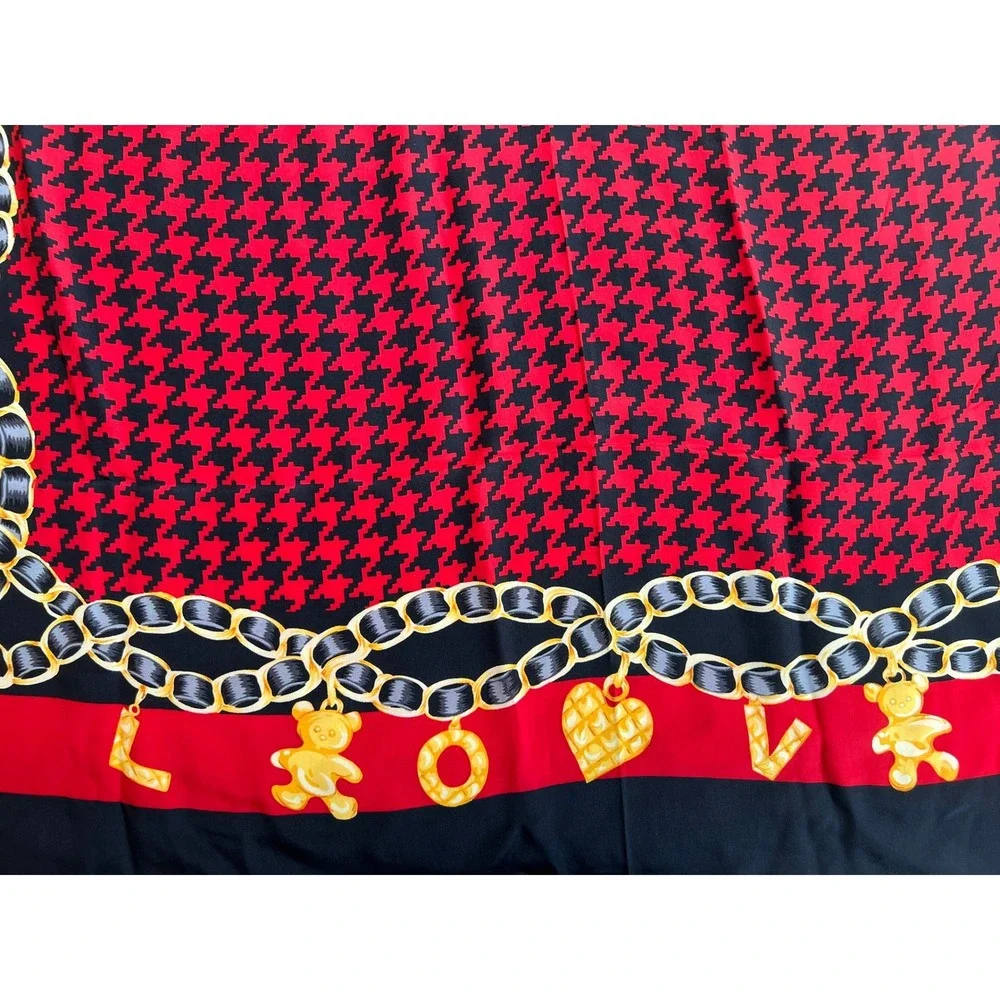 Vintage J G Hook 100% Silk Scarf‎ Red Black LOVE Teddy Bear Houndstooth